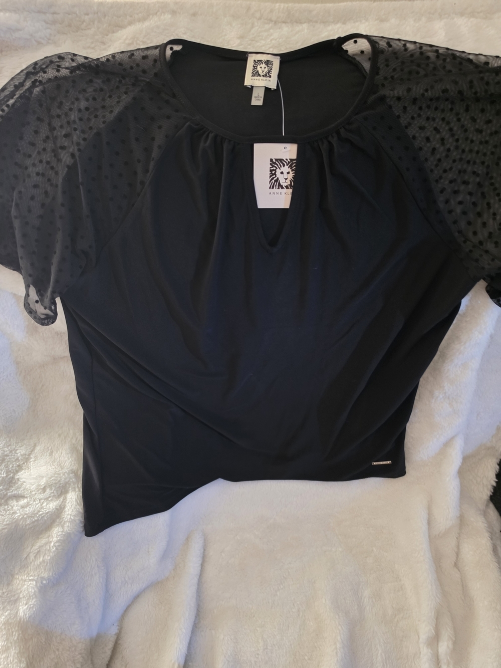 Anne Klein Black Dot-Sheer Sleeve Women's Top